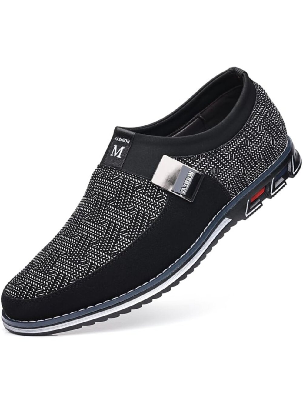 Men Black Herringbone Tweed Slip-on Low-heel Silver Hardware Office Dress Loafer